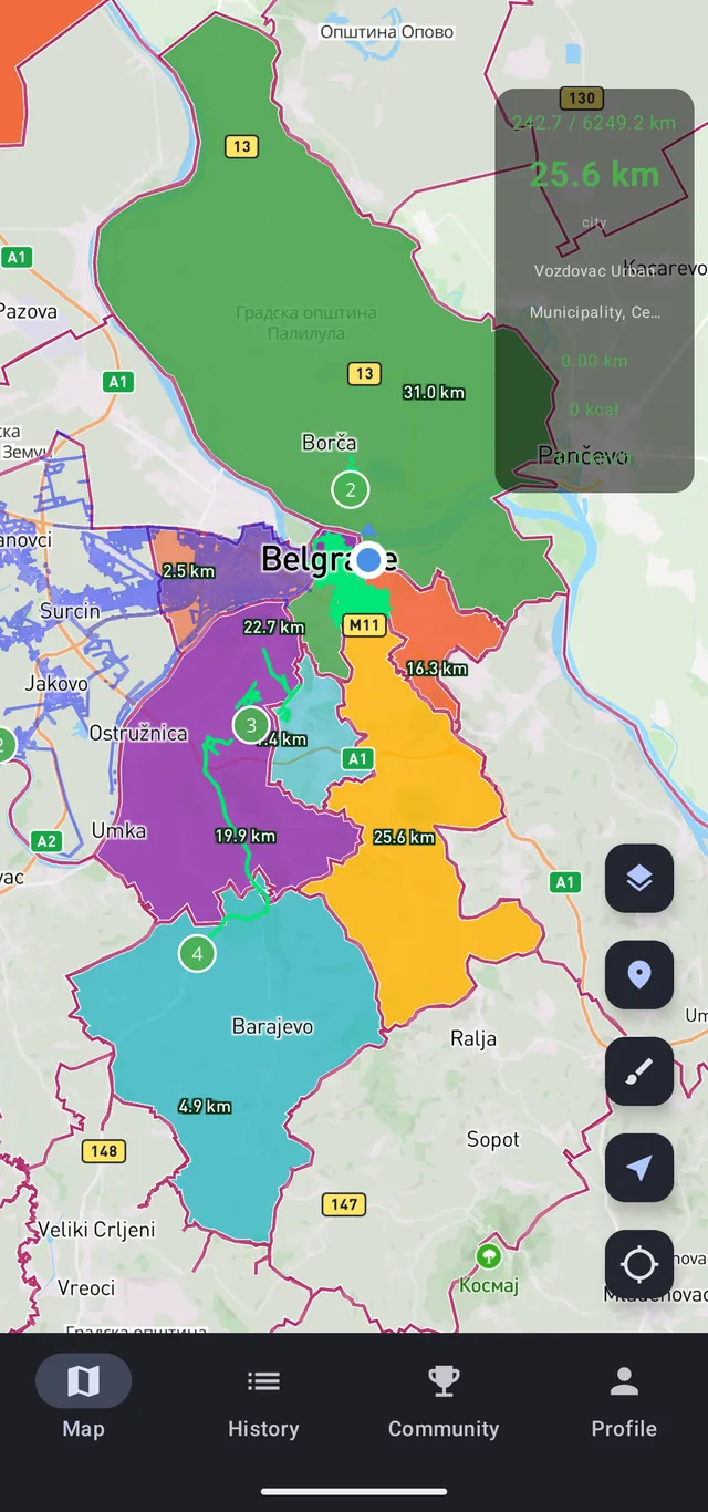 Region coverage in StreetPainter, with kilometres counted per zone